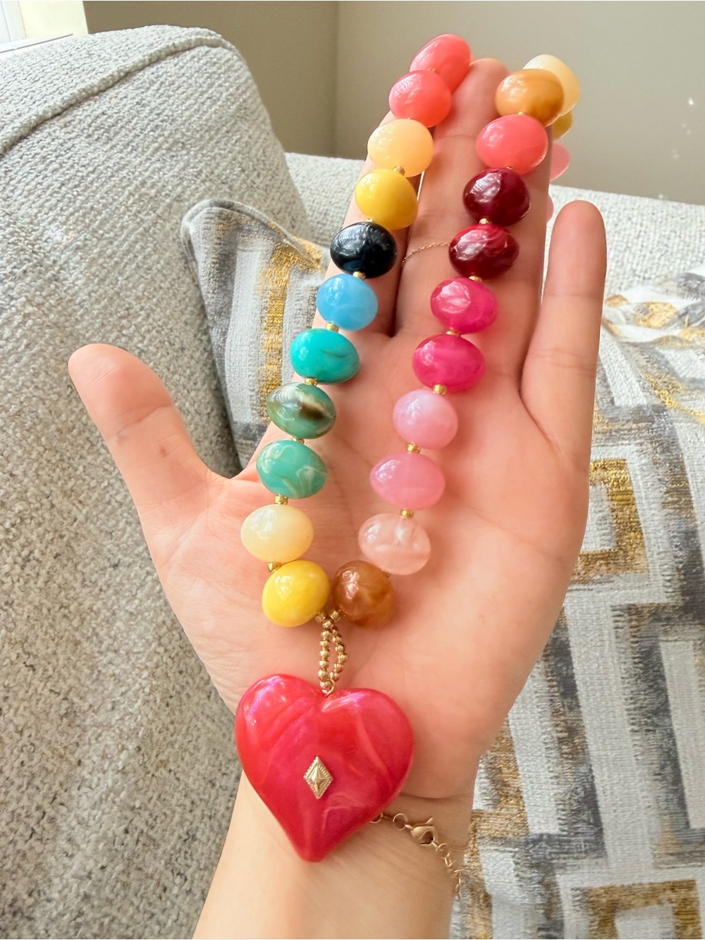 Multicolor Beaded Necklace with Red Heart Pendant - Picture 5 of 7
